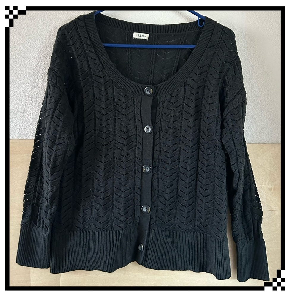 Vtg L.L.Bean Pointelle Knit Crewneck Front Button Cardigan Black Preppy Academia